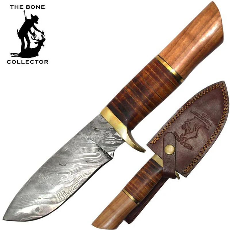 10" Damascus Blade Bone Collector Leather & Wood Handle Hunting Knife with Leather Sheath, , large image number 0
